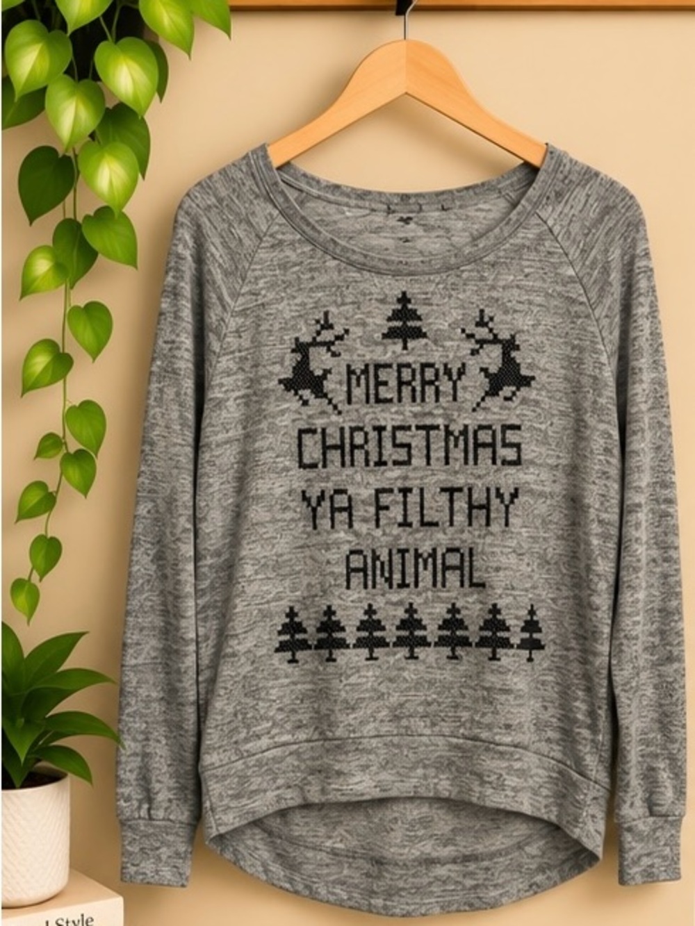 Raggs II Riches Merry Christmas Ya Filthy Animal Gray Sweater NWOT